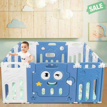 16-Panel Foldable Baby Playpen Kids Activity Centre-Blue Baby Playpen & Playards