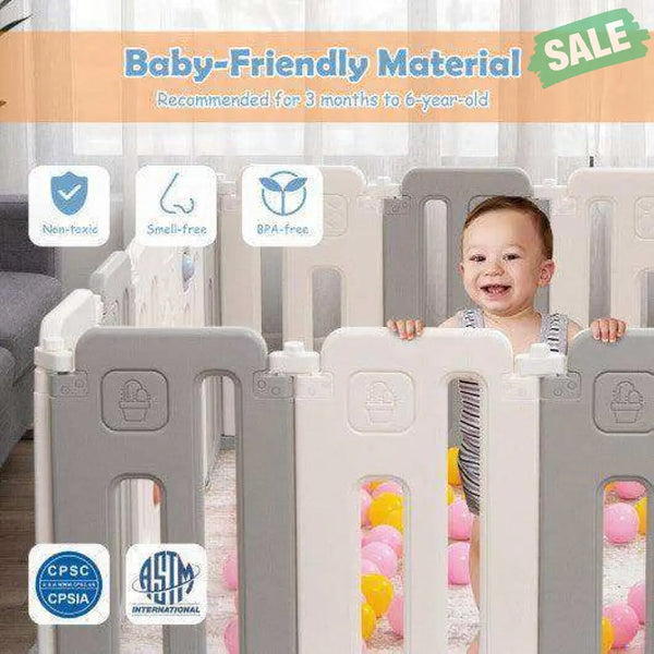 16 Panels Baby Safety Playpen with Drawing Board-Gray Pink Baby Playpen & Playards