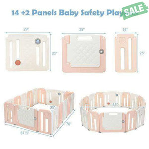 16 Panels Baby Safety Playpen with Drawing Board-Gray Pink Baby Playpen & Playards