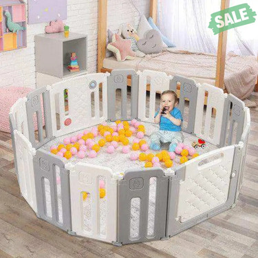 16 Panels Baby Safety Playpen with Drawing Board-Gray Pink Baby Playpen & Playards