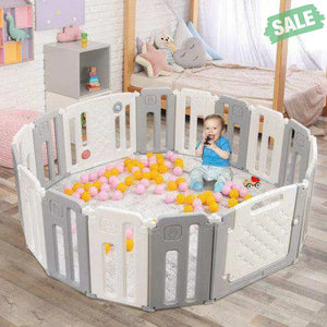 16 Panels Baby Safety Playpen with Drawing Board-Gray Pink Baby Playpen & Playards