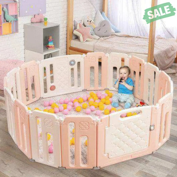 16 Panels Baby Safety Playpen with Drawing Board-Gray Pink Baby Playpen & Playards