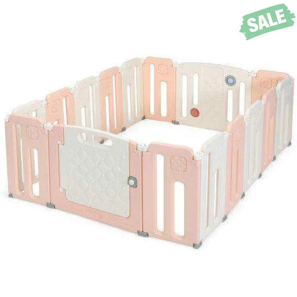 16 Panels Baby Safety Playpen with Drawing Board-Gray Pink Baby Playpen & Playards