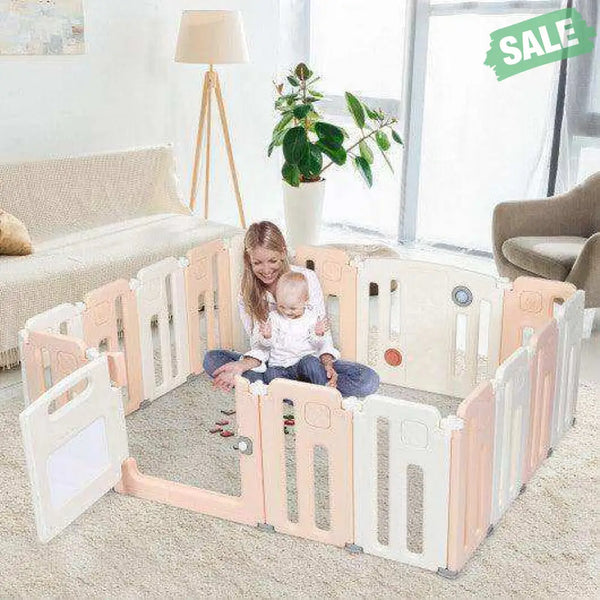 16 Panels Baby Safety Playpen with Drawing Board-Gray Pink Baby Playpen & Playards