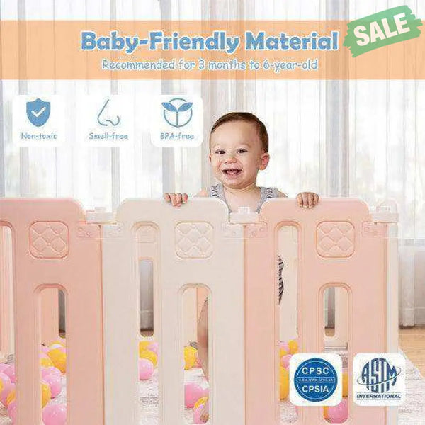 16 Panels Baby Safety Playpen with Drawing Board-Gray Pink Baby Playpen & Playards