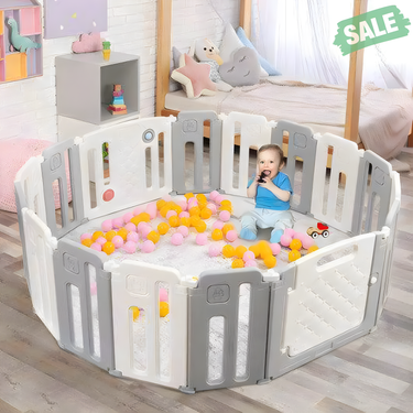 16 Panels Baby Safety Playpen with Drawing Board in Gray - Ideal for safe playtime and creativity for infants.