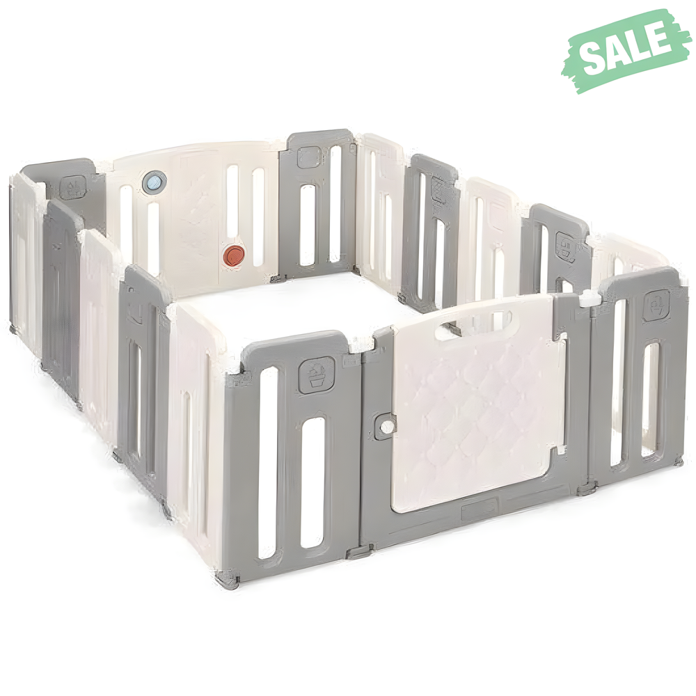 16 Panels Baby Safety Playpen with Drawing Board in Gray - Ideal for safe playtime and creativity for infants.