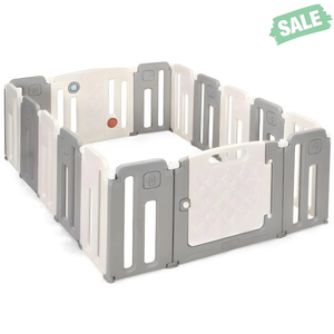 Gray 16-panel baby safety playpen with drawing board, viewed from angle 2, perfect for safe playtime.