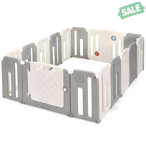 Gray 16 Panels Baby Safety Playpen with Drawing Board, viewed from angle 3, perfect for safe playtime.