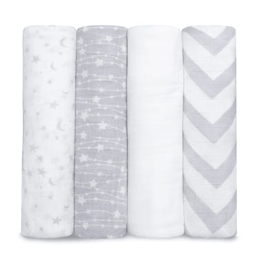 Grey muslin swaddle blankets, 4 pack, soft and breathable for comfortable baby sleep.