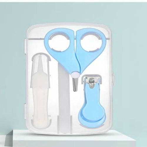 4-piece baby nail care set with file, clipper, and safety clipper, angled view showcasing essential grooming tools.