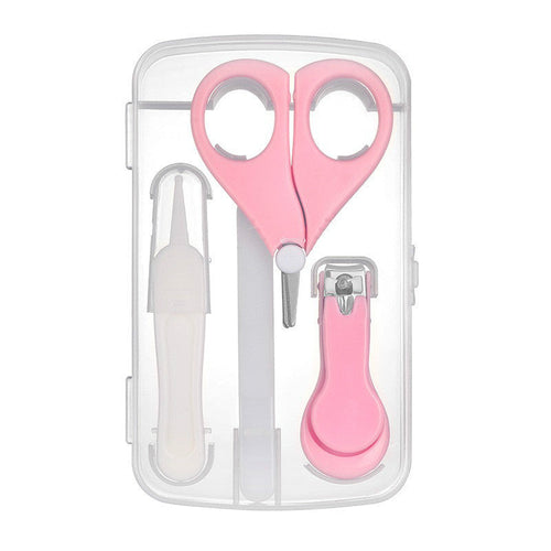 4-piece baby nail care set with file, clipper, and safety clipper, angled view showcasing essential grooming tools.