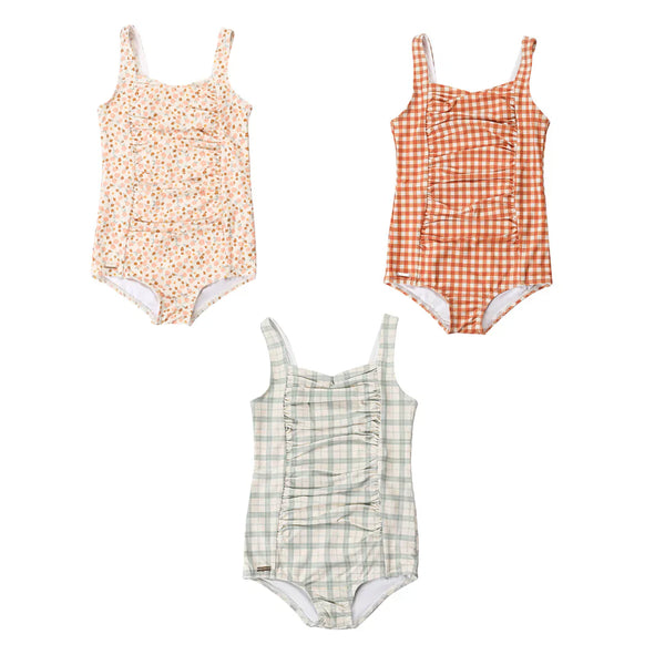 Vintage girls' 1-piece swimsuit in Sunset Meadow, UPF protected and made from recycled materials. Angle 6 view.