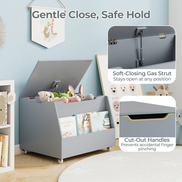 Wooden mobile toy storage organizer with bookshelf and lockable wheels, perfect for baby bedding and sleep areas.