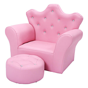 Pink kids sofa with armrests and ottoman, perfect for children's rooms and play areas. Angle 3 view.