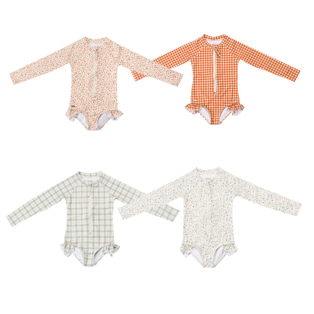 Long Sleeve Rashguard Ruffle Swimsuit in Fern Plaid - UPF protection, eco-friendly design for babies.