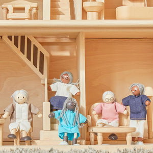 Medium skin tone grandmother dollhouse figure for imaginative pretend play, shown from angle 4.