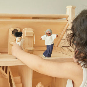 Medium skin tone grandmother dollhouse figure for imaginative pretend play, shown from angle 5.