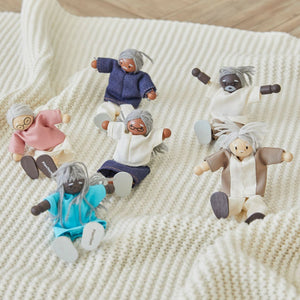 Medium skin tone grandmother dollhouse figure for imaginative pretend play, shown from angle 6.