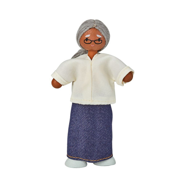 Grandmother dollhouse figure with medium skin tone for imaginative pretend play. Perfect for children's creative adventures.