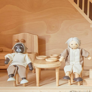 Grandfather dollhouse figure with dark skin tone for imaginative pretend play, viewed from angle 4.