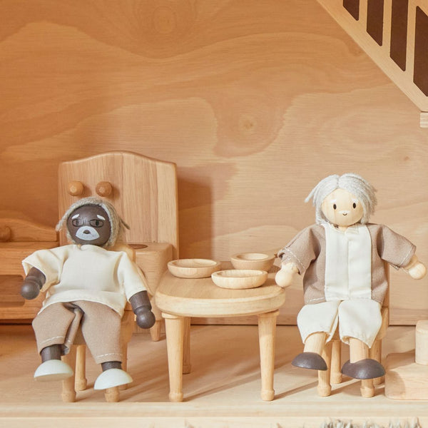 Grandfather dollhouse figure with dark skin tone for imaginative pretend play, viewed from angle 4.
