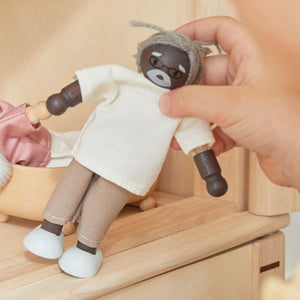 Grandfather dollhouse figure with dark skin tone for imaginative pretend play, viewed from angle 5.
