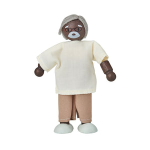 Grandfather dollhouse figure with dark skin tone for imaginative pretend play. Perfect for enriching children's storytelling.