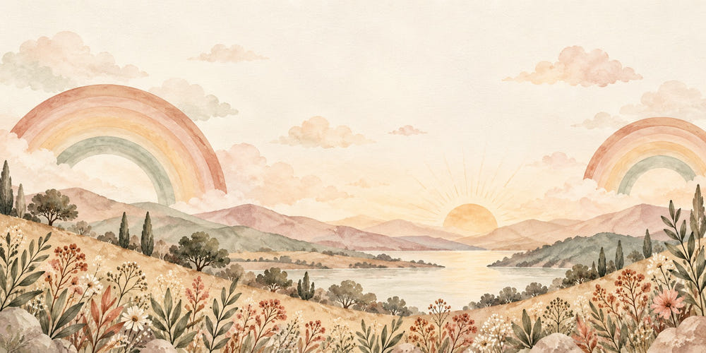 Watercolor Twin Rainbow Valley Wall Mural, image 1