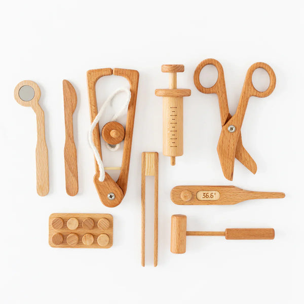 Wooden Doctor Pretend Play Set for kids, featuring Montessori medical tools, perfect for imaginative play. Angle 5 view.