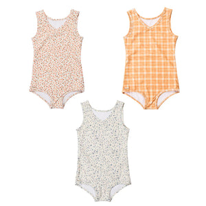 Sweetheart 1 Piece Swimsuit in Sunset Meadow, UPF + Recycled, angle view showcasing vibrant colors and design.