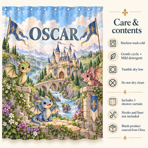 Care and contents of the Dragon Castle personalized kids shower curtain