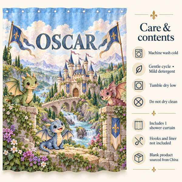 Care and contents of the Dragon Castle personalized kids shower curtain