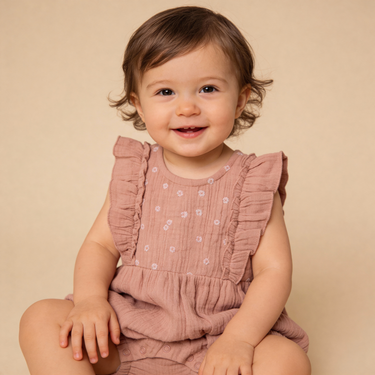 Organic Embroidered Ruffle Romper - Clay