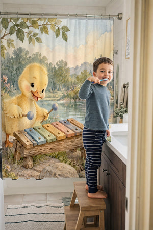 Child brushing teeth in a family bathroom with the Duckling Xylophone shower curtain