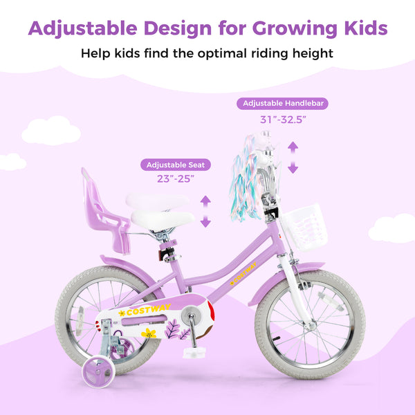 16 Inches Girls Bike Kids Bicycle with Doll Seat and Streamers for Children 4