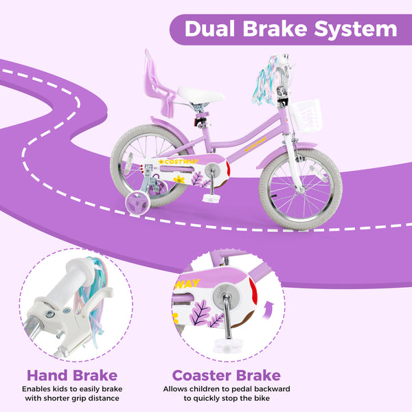 16 Inches Girls Bike Kids Bicycle with Doll Seat and Streamers for Children 4