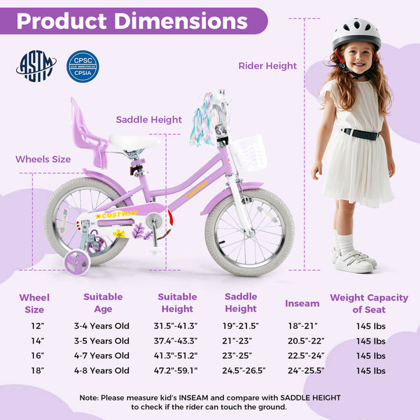 16 Inches Girls Bike Kids Bicycle with Doll Seat and Streamers for Children 4