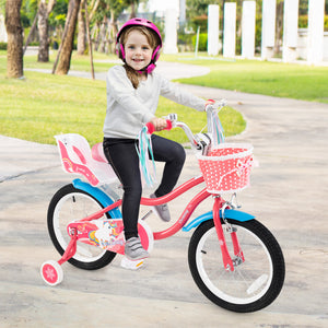 14-inch girls bike for ages 3-5 with doll seat and training wheels, angled view showcasing vibrant design.