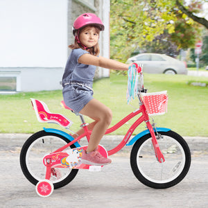 14-inch girls bike for kids 3-5, featuring a doll seat and training wheels, angled view. Perfect for outdoor fun!