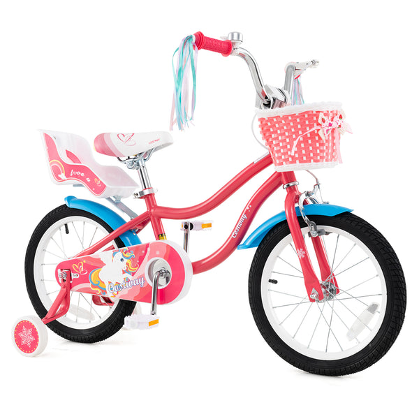 14-inch girls bike for kids 3-5 with doll seat and training wheels, angled view showcasing vibrant design.