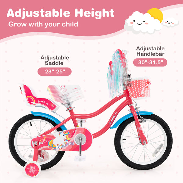 14-inch girls bike for ages 3-5 with doll seat and training wheels, angled view showcasing vibrant design.