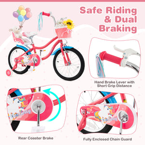 14-inch girls bike for ages 3-5, featuring a doll seat and training wheels, angled view showcasing its vibrant design.