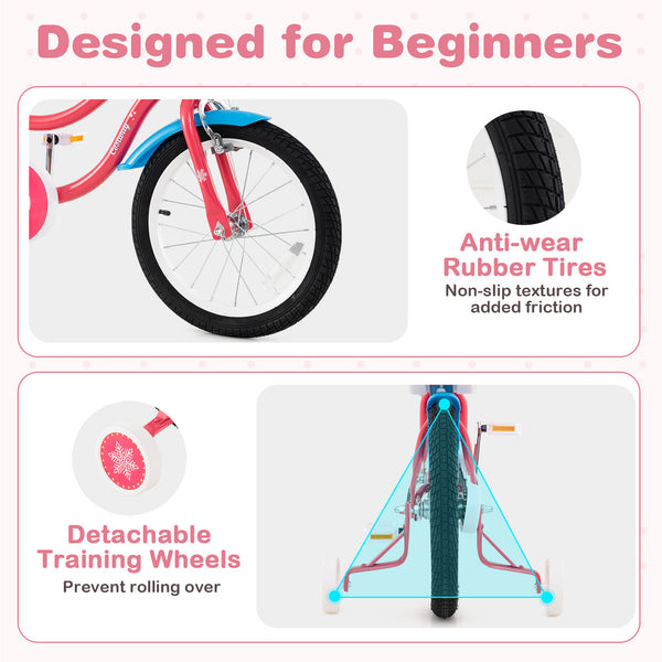 14-inch girls bike for ages 3-5, featuring a doll seat and training wheels, angled view showcasing vibrant design.