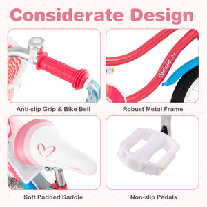 14-inch girls bike for ages 3-5, featuring a doll seat and training wheels, angled view showcasing design and colors.
