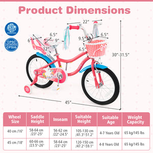 14-inch girls bike for kids 3-5, featuring a doll seat and training wheels, angled view. Perfect for outdoor fun!