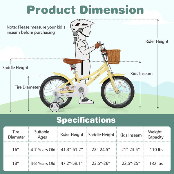 16-inch kids bike with adjustable seat, reflectors, and bell for children aged 4-7, shown from angle 4.