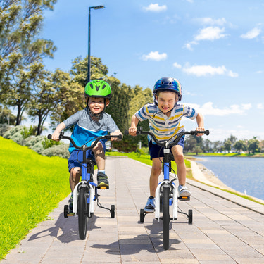 16-inch kids bike with removable training wheels, perfect for young riders learning to balance and ride safely.