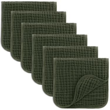 Muslin burp cloths in kelp color, soft and absorbent for baby feeding and burping needs.