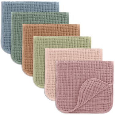 Multicolor muslin burp cloths for babies, soft and absorbent, perfect for feeding and messes.